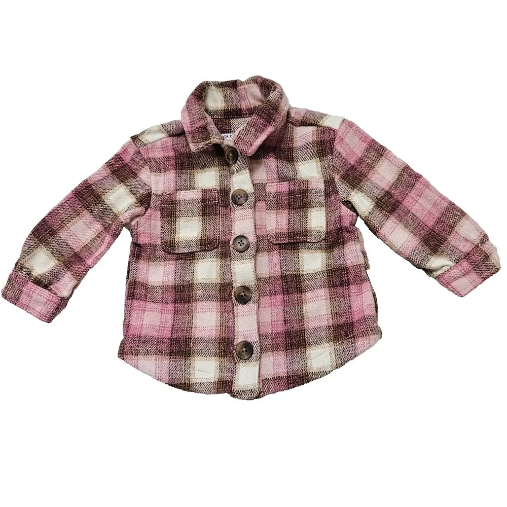Old Navy Girl's Sz 12-18 Mo Pink & Brown Plaid Button Up Wool‎ Blend Jacket